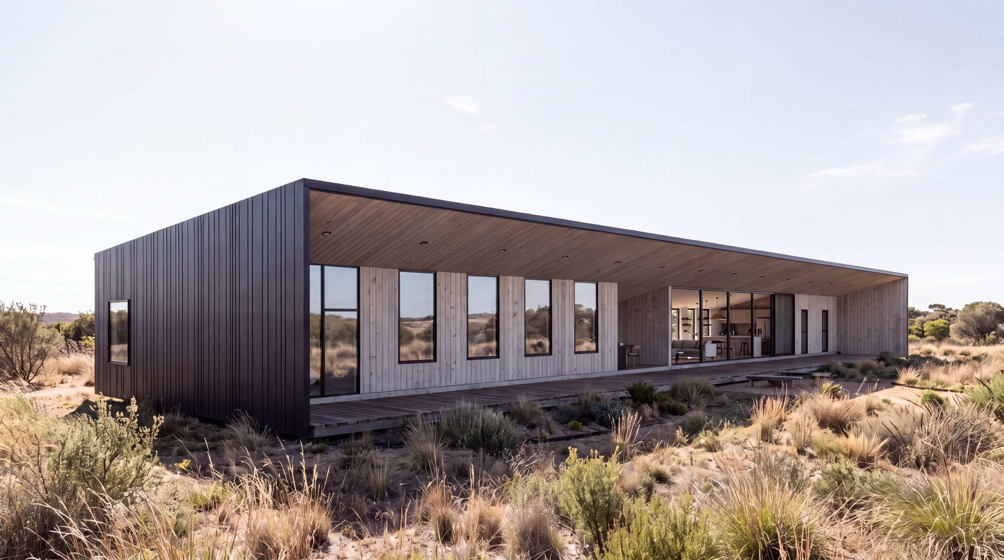 Casa Meerhaus con volumen negro, alero continuo de madera y galería techada a lo largo de toda la fachada